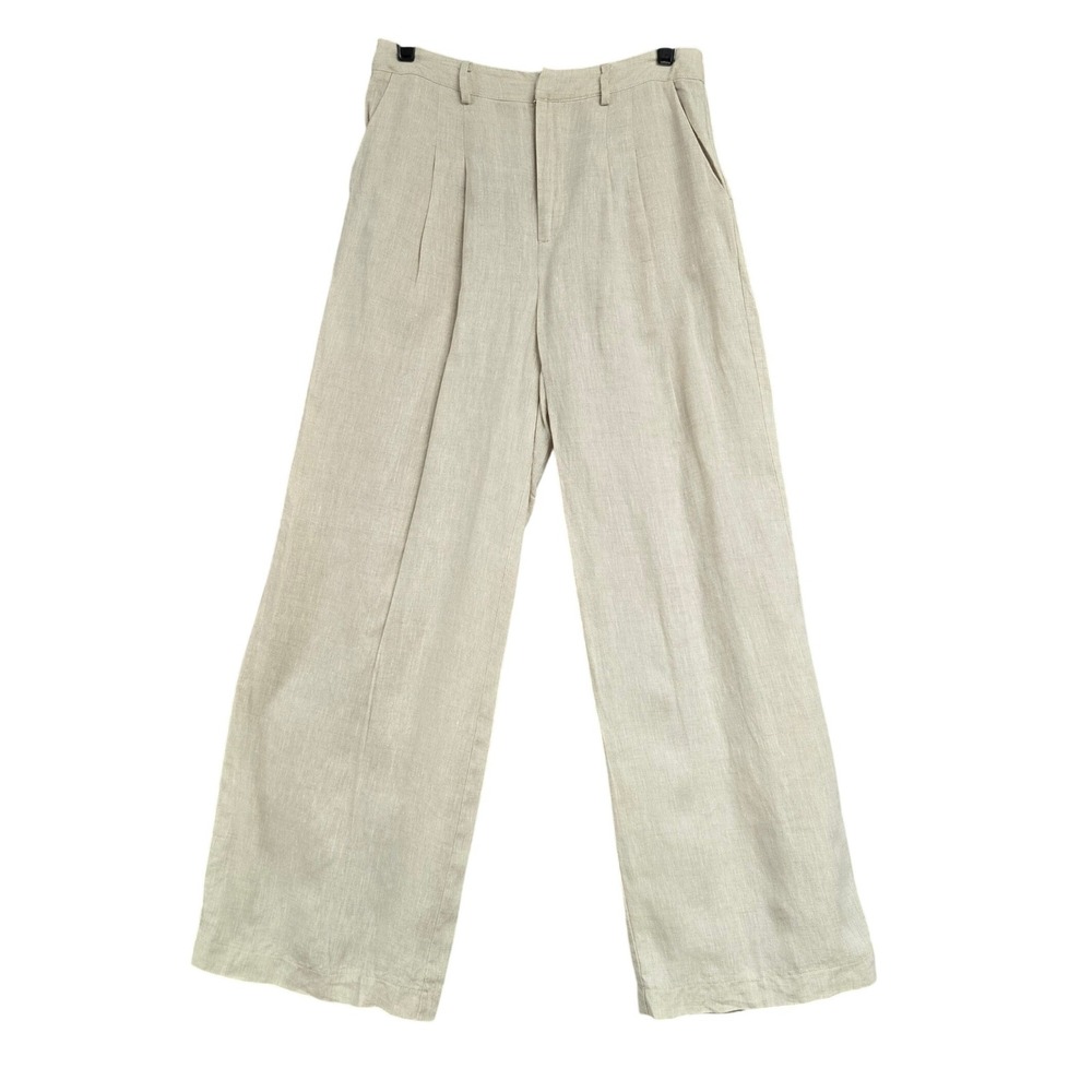 Mahina 100% Linen Pleated Wide Leg High Rise Pants Oatmeal Beige Women's Size M